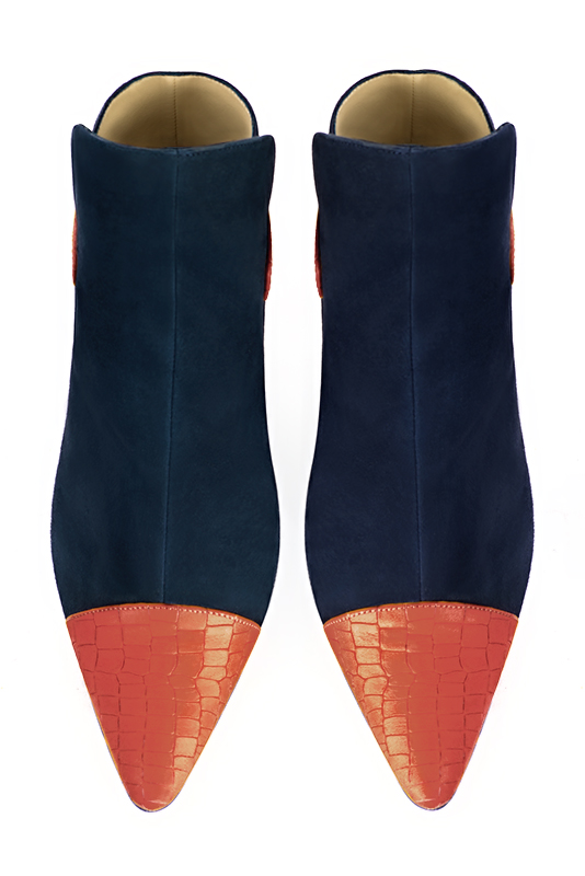 Terracotta orange and navy blue women's ankle boots with buckles at the back. Tapered toe. Medium flare heels. Top view - Florence KOOIJMAN